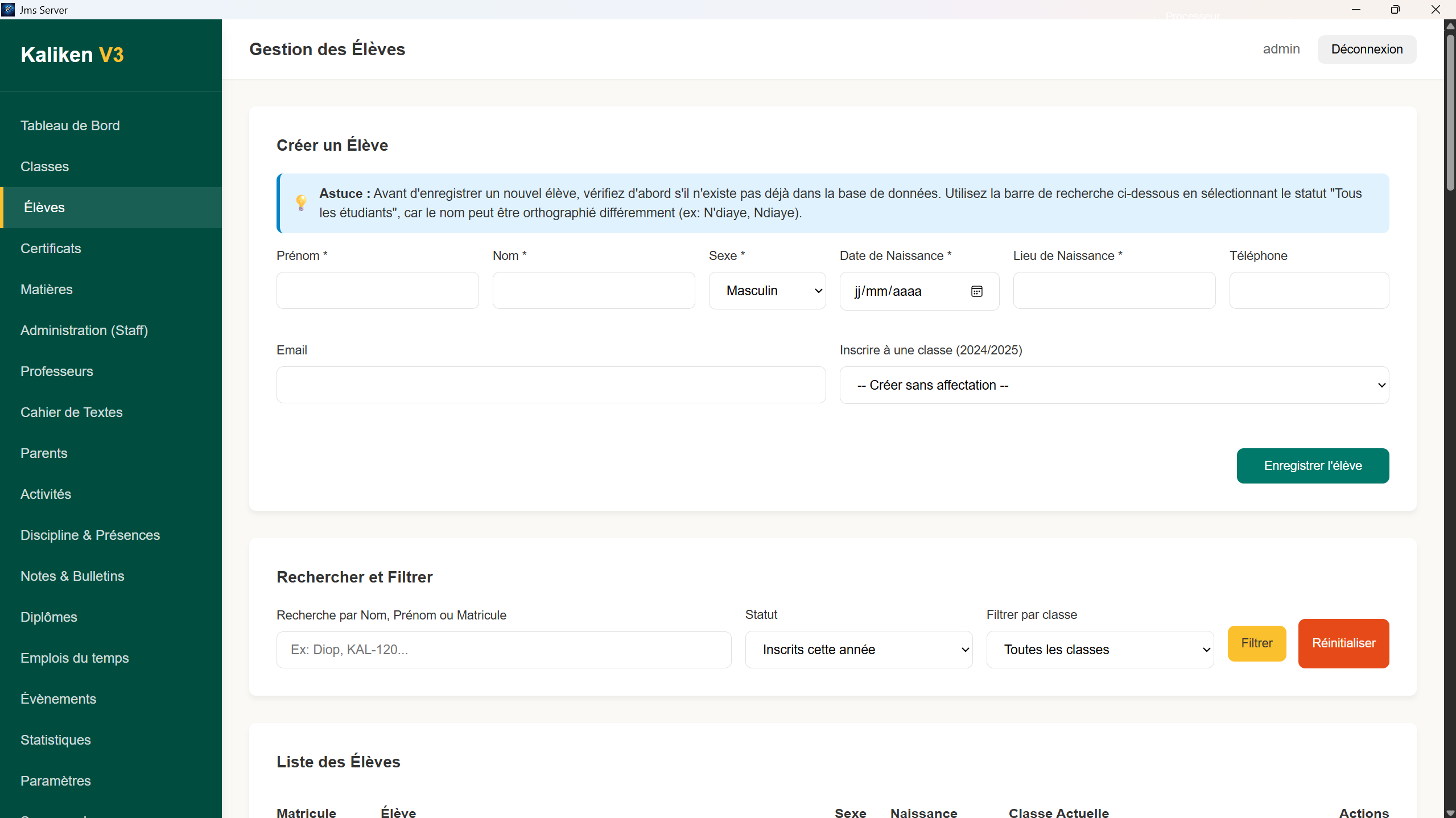 Gestion des élèves